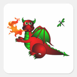 Adesivo Quadrado Quadrado vermelho do dragão e da libélula