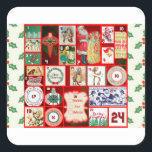 Adesivo Quadrado Quadrados de Ilustração de Bloco de Natal<br><div class="desc">Natais vintages Estas ilustrações da safra do excelente são vermelhas e verdes e Christmasy! Esta ilustração é baseada num antigo calendário de adversários de Natal para celebrar a época do Natal.</div>