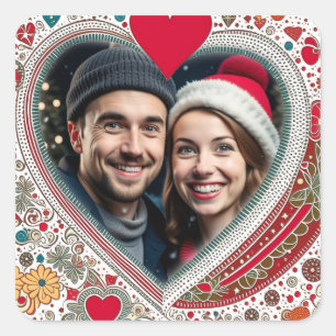 Adesivo Quadrado Quadro bonito de Corações Vermelho e Turquesa