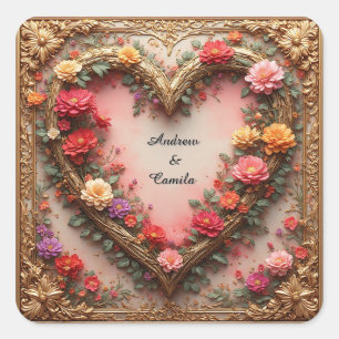 Adesivo Quadrado Quadro Coração Dourado de Casamento