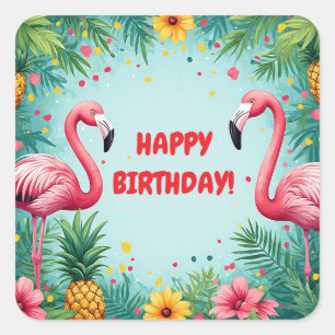 Adesivo Quadrado 🌺 Quadro de Flamingo Tropical Com Abacaxi e Hibí