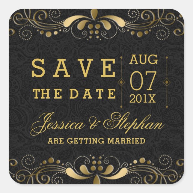 Adesivo Quadrado Quadro de Swirls Florais Dourados Pretos Salvar a  (Frente)