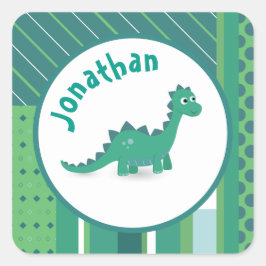 Adesivo Quadrado Quadro redondo em verde/azul com dinossauro fofo