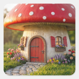 Adesivo Quadrado Quaint Mushroom Cottage with Polka Dot Roof