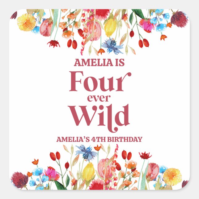 Adesivo Quadrado Quarta festa de aniversário de 4 anos de flor selv (Frente)