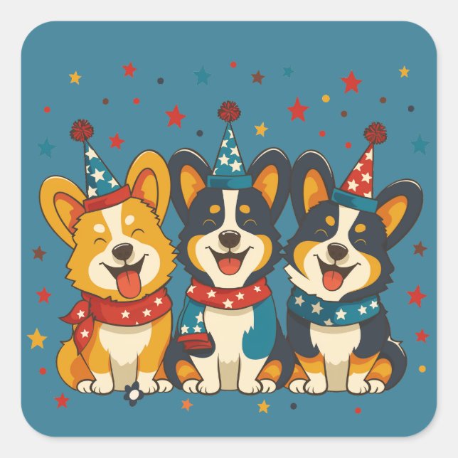 Adesivo Quadrado Quarto De Julho, Pembroke Welsh Corgi Dogs (Frente)