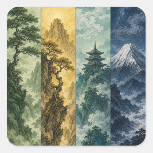 Adesivo Quadrado Quatro Estações Montanha   Paisagem de Tinta Japon