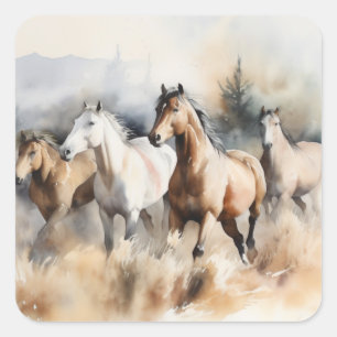 Adesivo Quadrado “Quatro Mustangs Selvagens” Aquarela Ocidental Emp