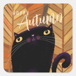 Adesivo Quadrado Queda de outono de Gato Preto Feliz Halloween