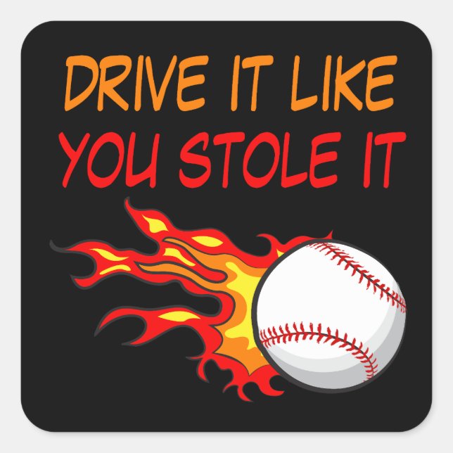 Adesivo Quadrado Queimando basebol em chamas com citação engraçada, (Frente)