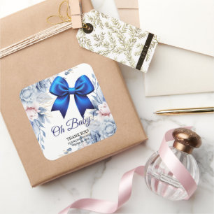 Adesivo Quadrado Querida! Chá de fraldas Azul Floral Elegante
