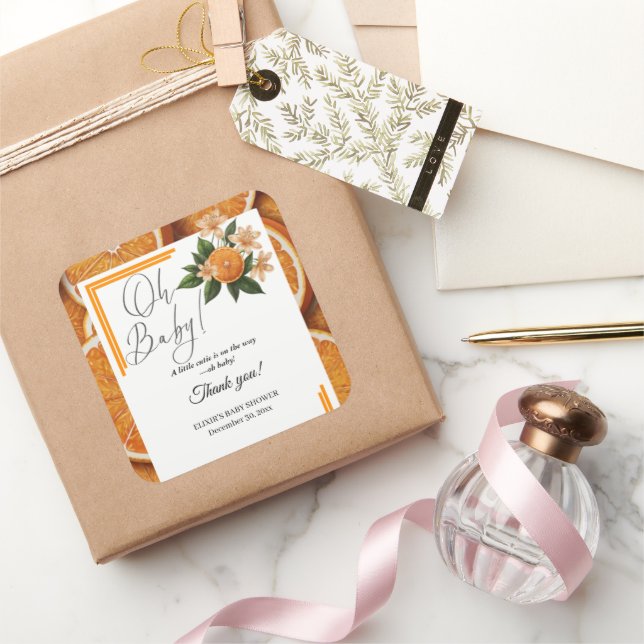 Adesivo Quadrado Querida Um Pequeno Chá de fraldas De Citros Laranj (Presentear)