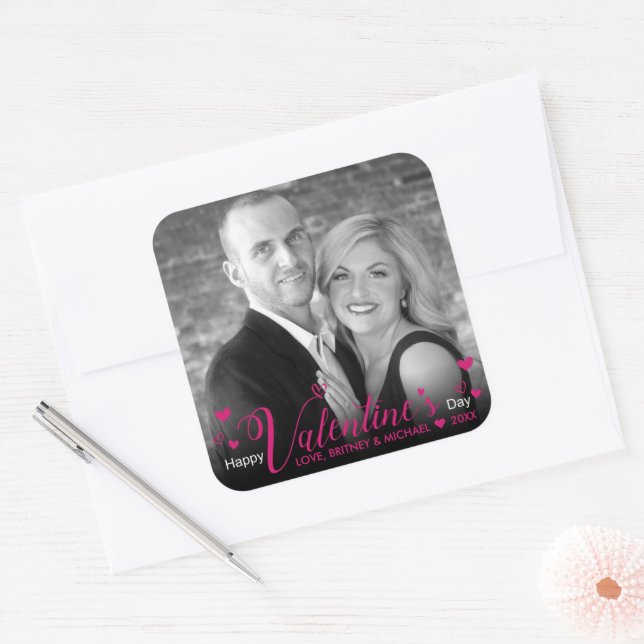 Adesivo Quadrado Quic Pink Modern Script Heart Black White Photo (Envelope)