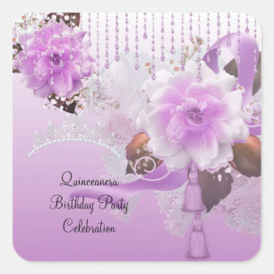 Adesivo Quadrado Quinceanera 15º Lilás Rosa Floral Branco