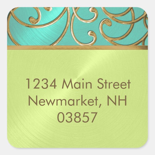 Adesivo Quadrado Quinceanera Aqua Verde limão Dourada Filigree Swir (Frente)