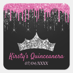 Adesivo Quadrado Quinceanera com Brilho Pingando Preto e Rosa