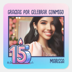 Adesivo Quadrado Quinceañera Con Foto Y Nombre Rosa Azul Morado