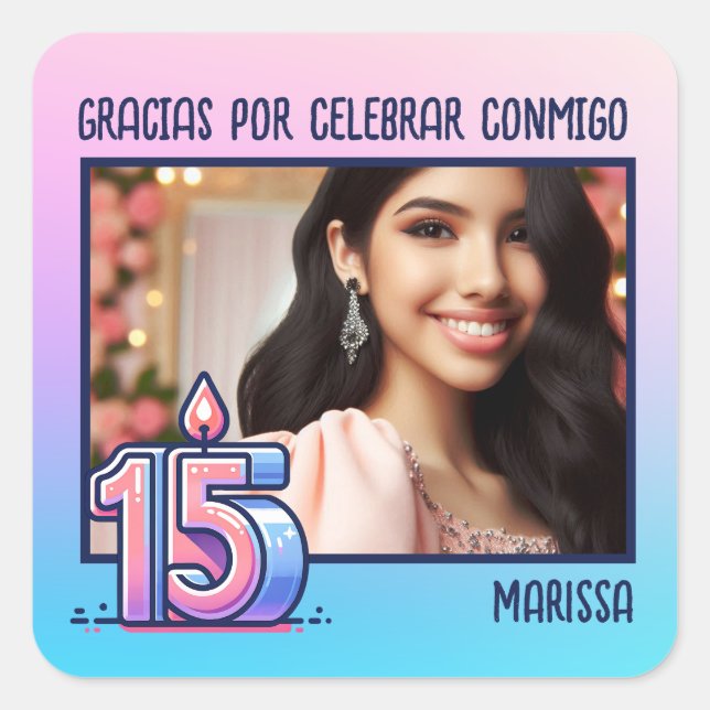 Adesivo Quadrado Quinceañera Con Foto Y Nombre Rosa Azul Morado (Frente)