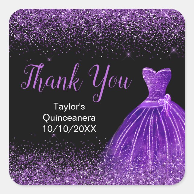 Adesivo Quadrado Quinceanera Dark Purple Dress Faux Glitter (Frente)