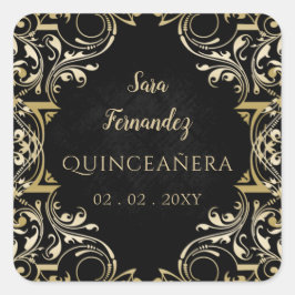 Adesivo Quadrado Quinceanera Dourada Elegante Russo Negra