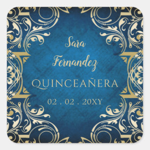 Adesivo Quadrado Quinceanera Dourada Elegante Rustic Blue