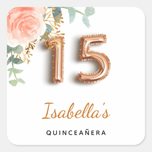 Adesivo Quadrado Quinceanera floral rosa de ouro eucalipto monogram (Frente)