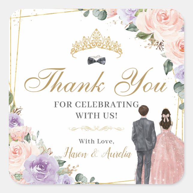 Adesivo Quadrado Quinceañera Lilac Blush Floral Twinzinha Garota (Frente)