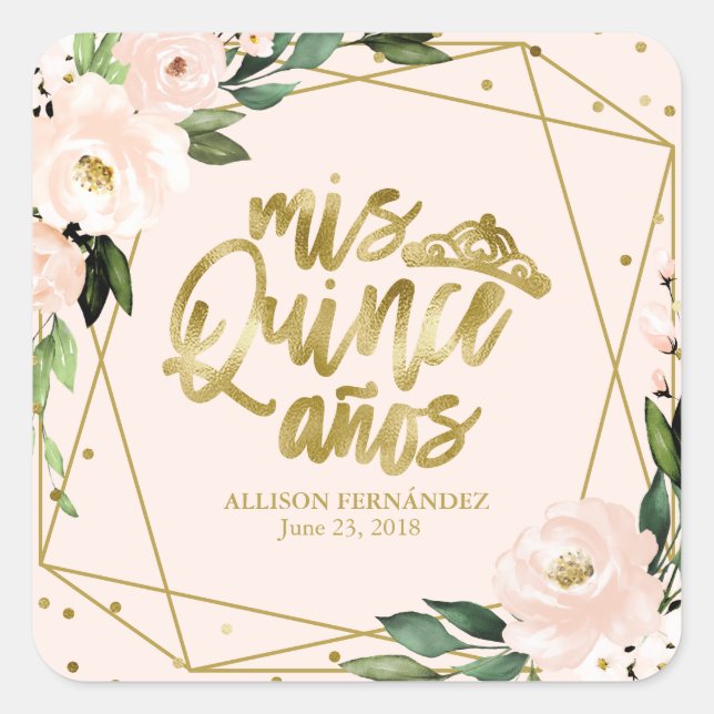 Adesivo Quadrado Quinceanera Party Gold Foil Blush Pink (Frente)