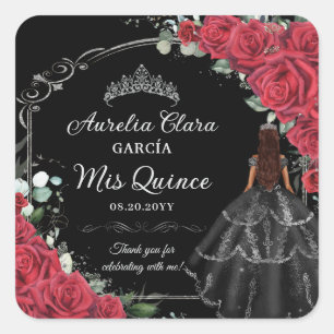 Adesivo Quadrado Quinceañera Rosas vermelhas Floral Preto Prata