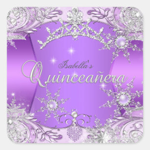 Adesivo Quadrado Quinceanera Roxo Winter Wonderland Flocos de Neve