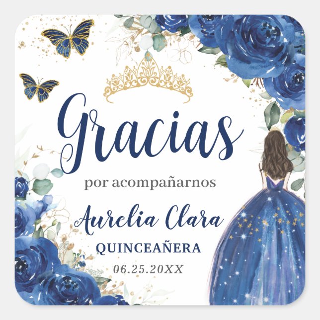 Adesivo Quadrado Quinceañera Royal Blue Floral Princesa Vestida Dou (Frente)