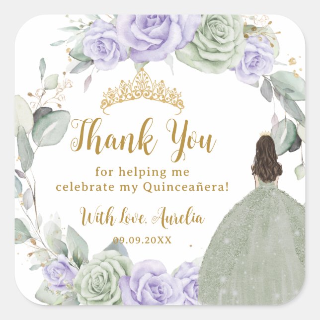 Adesivo Quadrado Quinceañera Sage Roxo Verde Lilás Floral Dourado (Frente)