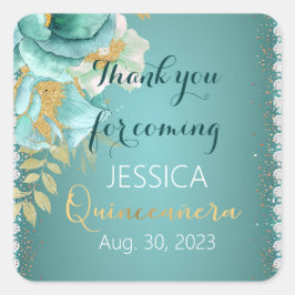 Adesivo Quadrado Quinceanera Teal Personalizado Favorito Dourado