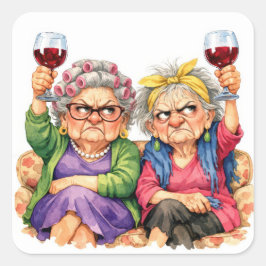 Adesivo Quadrado Quirky Old Ladies with Red Wine