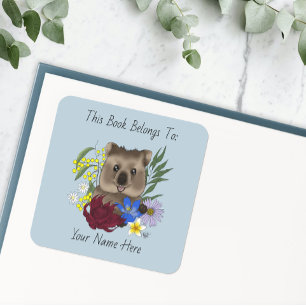 Adesivo Quadrado Quokka Feliz Austrália Floral Azul Ex-libris