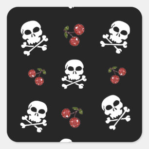 Adesivo Quadrado RAB Rockabilly Caveiras e Cerejas em Preto