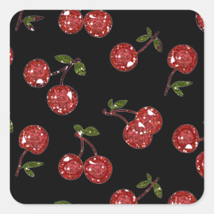 Adesivo Quadrado RAB Rockabilly Cerejas Muito Vermelhas Em Preto