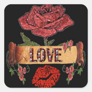 Adesivo Quadrado RAB Rockabilly Dia dos Namorados Rosas, Amor e Bat