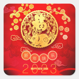 Adesivo Quadrado Rabbit Papercut Blossoms Chineses Ano Novo 2023 Sq