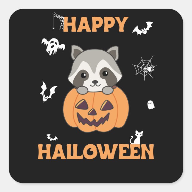 Adesivo Quadrado Raccin Em Pumpkin, Sweet Raccoon Feliz Halloween (Frente)