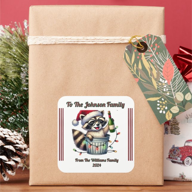 Adesivo Quadrado Raccoon com Luzes de Natal no Presente (Feriado)