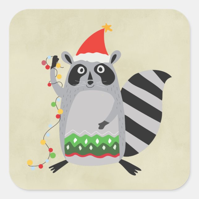 Adesivo Quadrado Raccoon Em Santa Hat Entrou Em Luzes De Xmas (Frente)