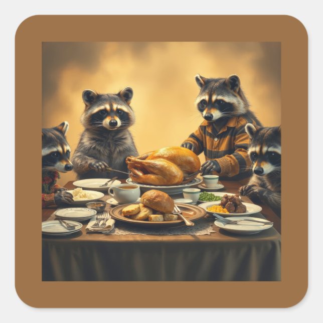 Adesivo Quadrado Raccoon Family Thanksgiving (Frente)