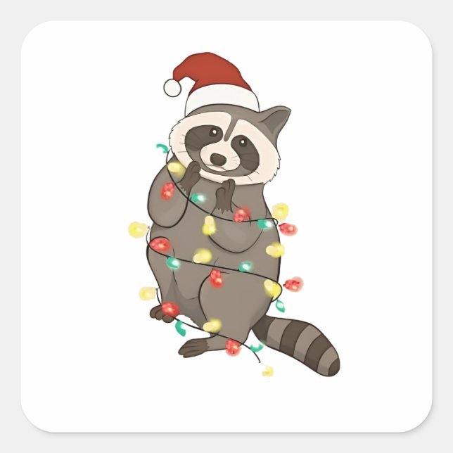Adesivo Quadrado Raccoon Felry Christmas Lights Santa Hat Xmas Snow (Frente)