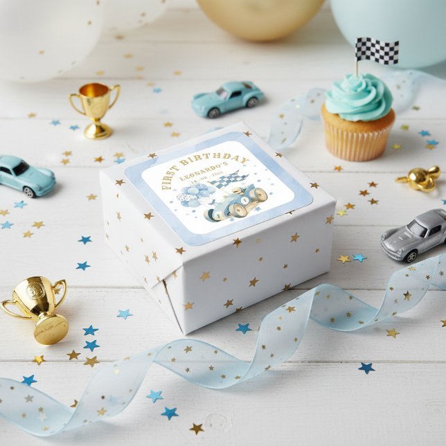 Adesivo Quadrado Race Car Blue Watercolor Boy First Birthday (Criador carregado)