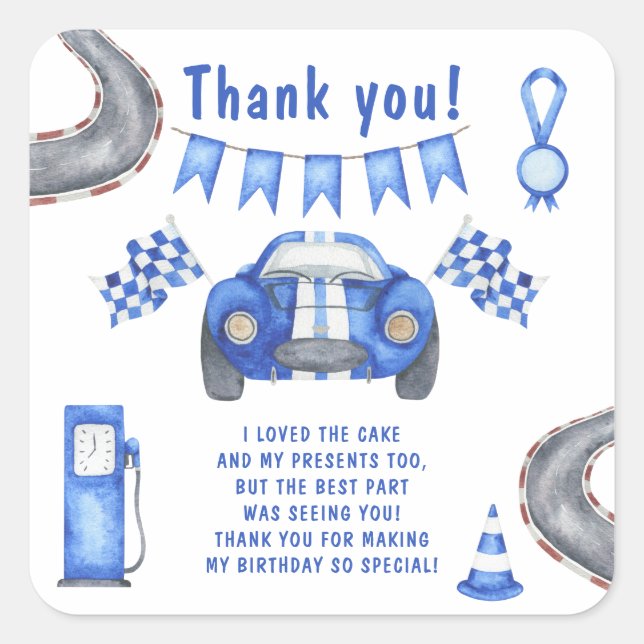 Adesivo Quadrado Race Car Primeira Festa de aniversário Obrigado (Frente)