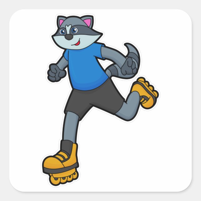 Adesivo Quadrado Racoon como skater com skates em linha (Frente)