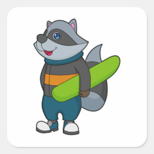 Adesivo Quadrado Racoon como Snowboarder com Snowboard