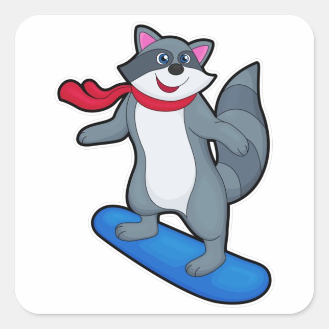 Adesivo Quadrado Racoon como Snowboarder com Snowboard e Scarf (Frente)