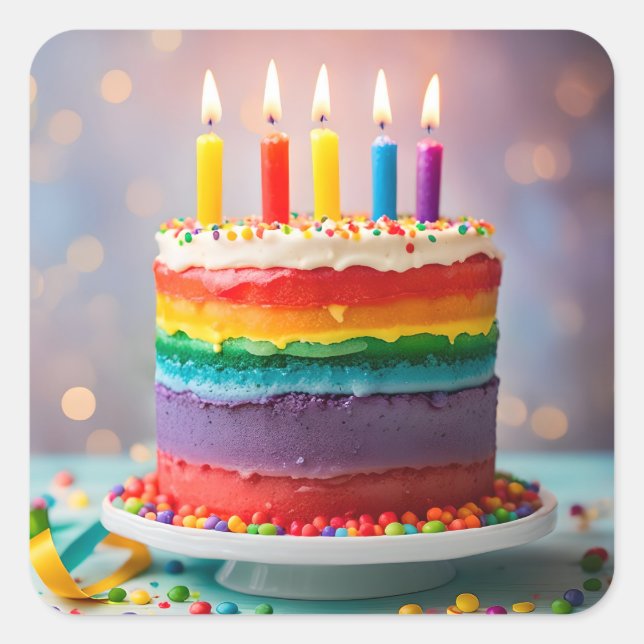 Adesivo Quadrado Rainbow Birthday Cake (Frente)